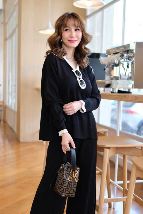 Casual Color Contrast Sweater V-neck Loose Top With Pants